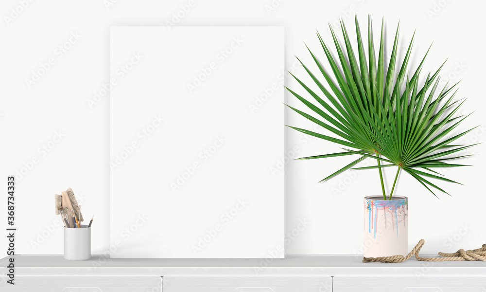 Interior vertical rectangular poster mockup standing on the table with plant and decorations on empt