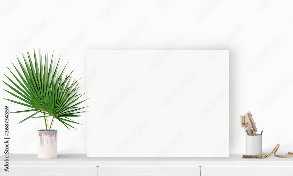 Interior horizontal rectangular poster mockup standing on the table with plant and decorations on em