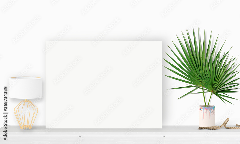 Interior horizontal rectangular poster mockup standing on the table with plant and decorations on em