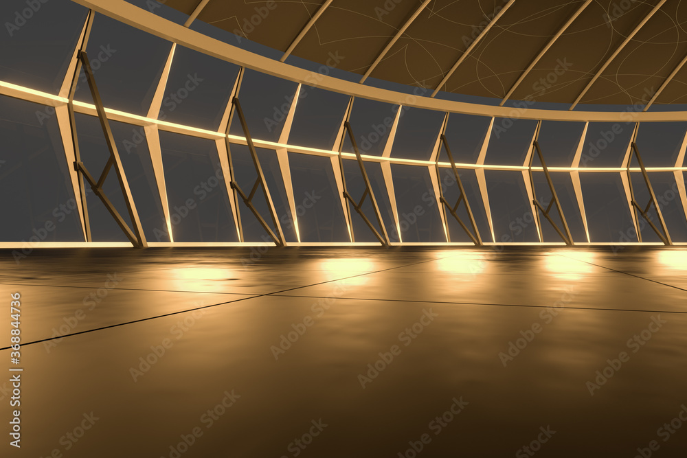 Empty room with golden illumination inside, 3d rendering.