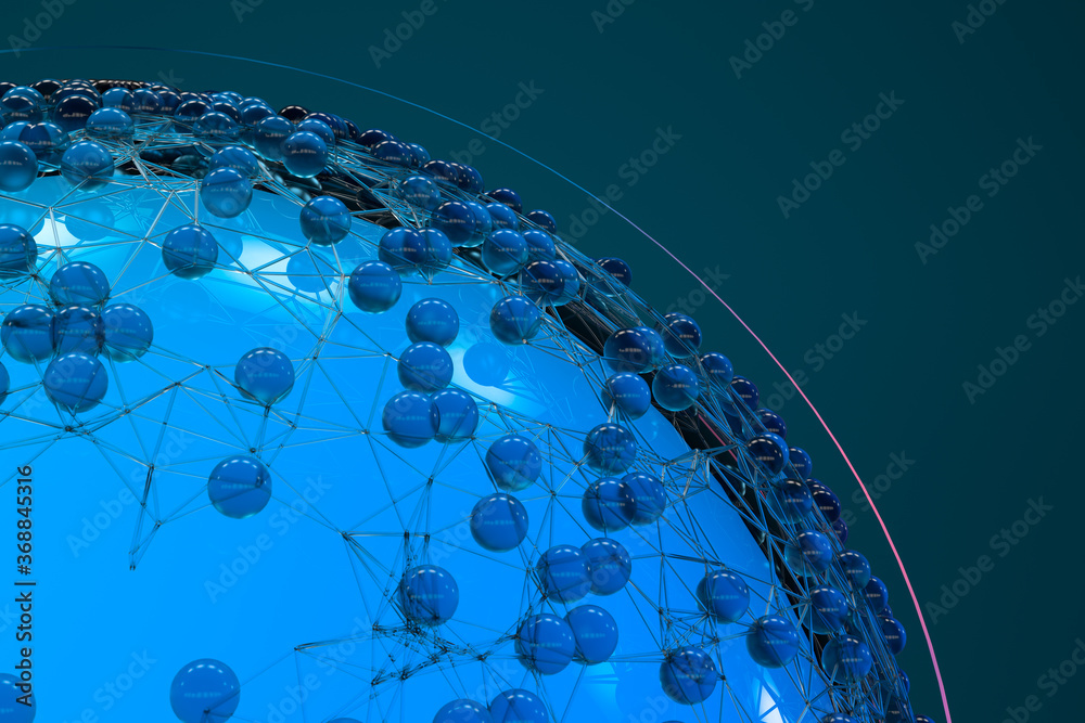 Blue biology grid with connect constrains, 3d rendering.