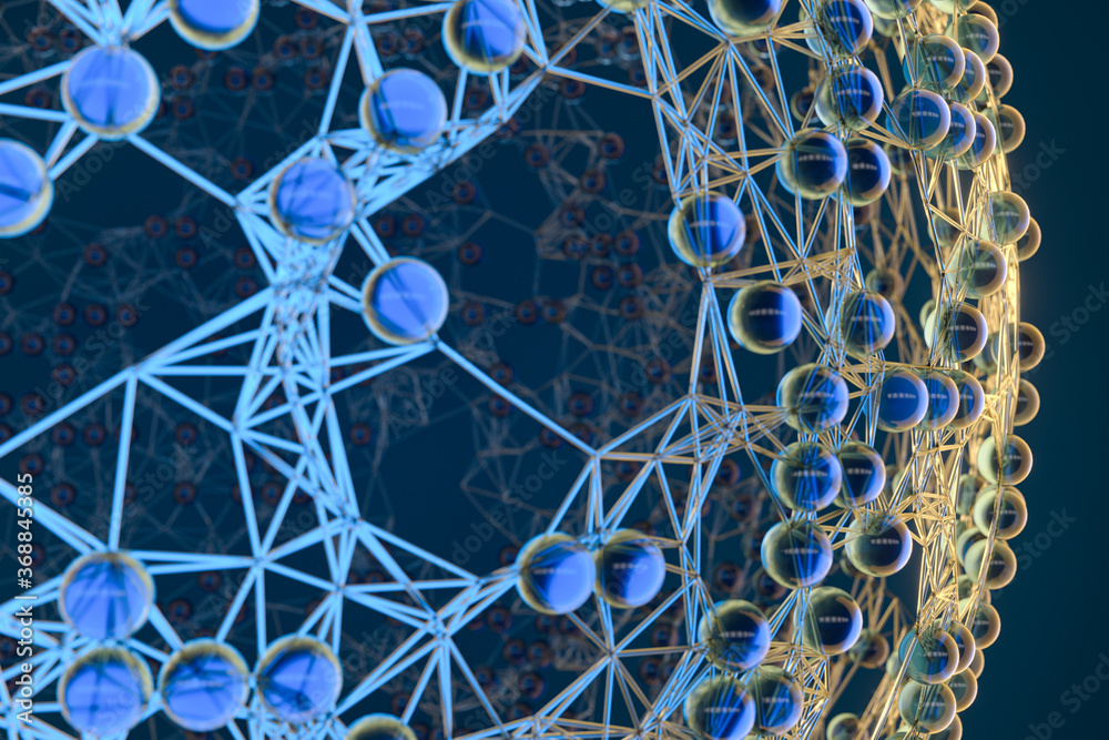 Blue biology grid with connect constrains, 3d rendering.