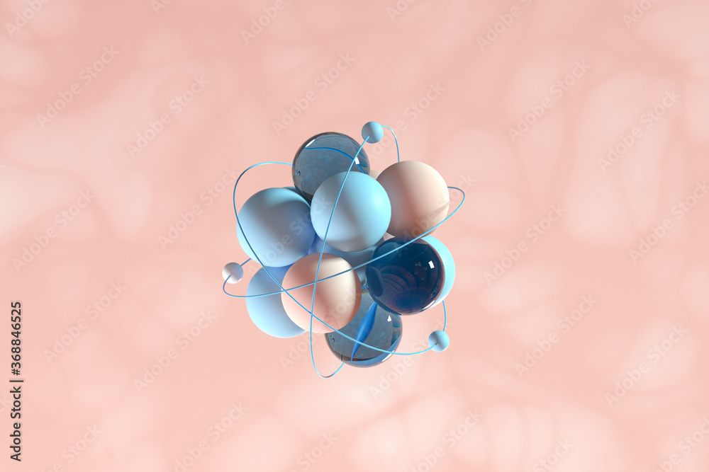 Atom spheres with pink organic background, 3d rendering.