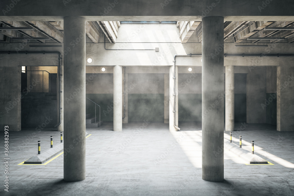 Modern empty parking garage underground.