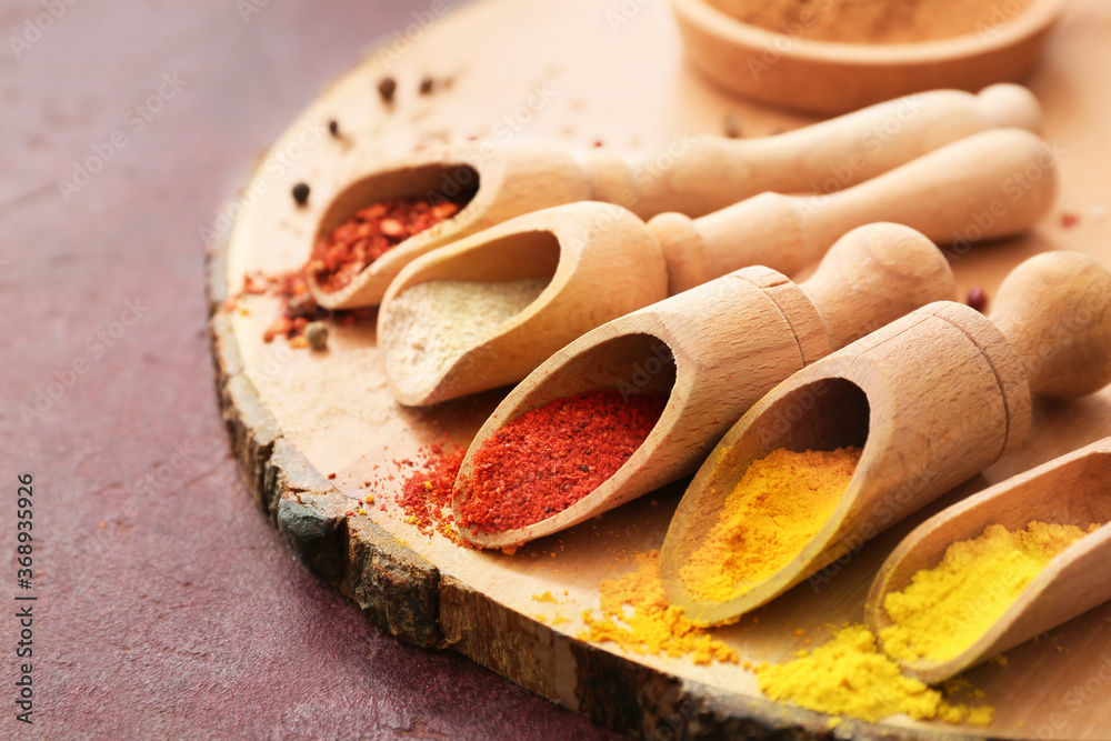 Many different spices on table