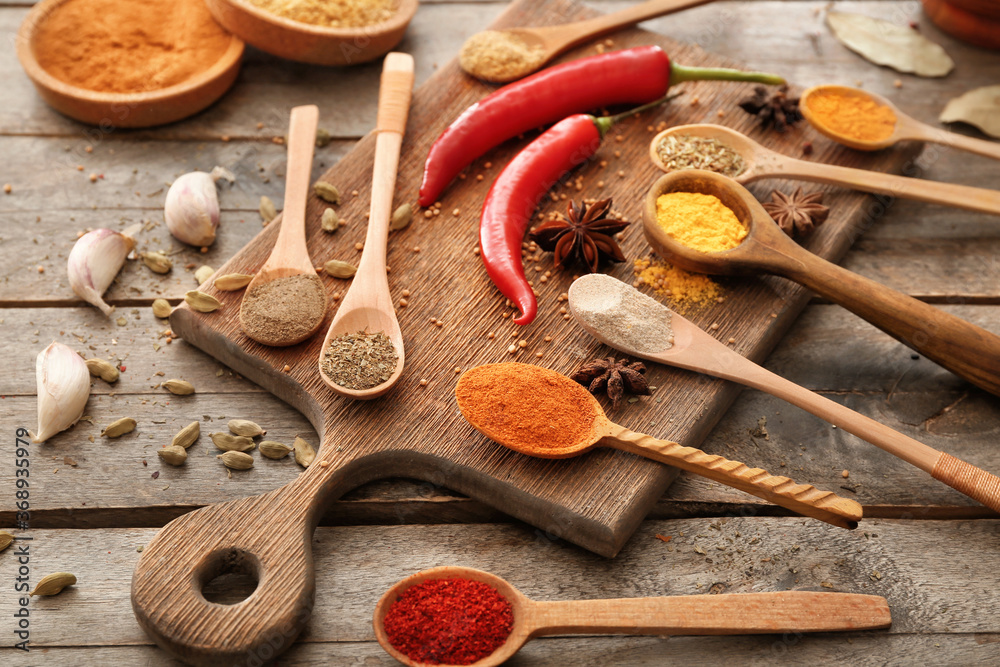 Many different spices on table