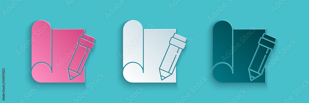 Paper cut Graphing paper for engineering and pencil icon isolated on blue background. Paper art styl