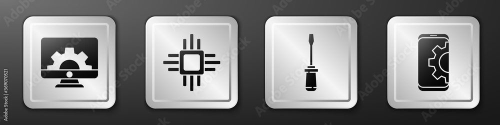 Set Computer monitor and gear, Processor with microcircuits CPU, Screwdriver and Setting on smartpho