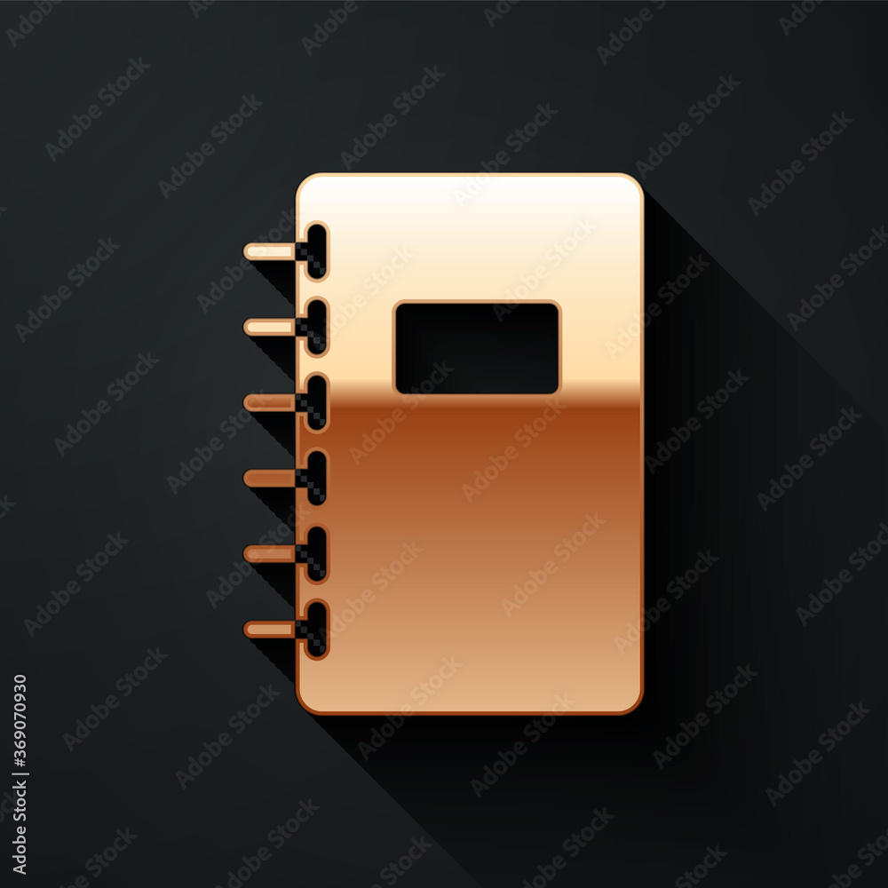 Gold Notebook icon isolated on black background. Spiral notepad icon. School notebook. Writing pad. 