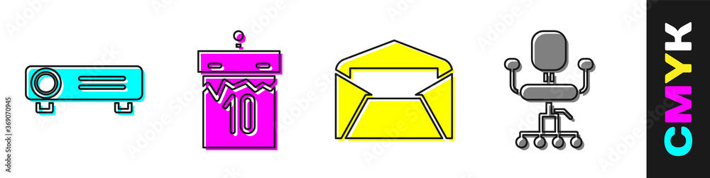 Set Movie, film, media projector, Calendar, Envelope and Office chair icon. Vector illustration