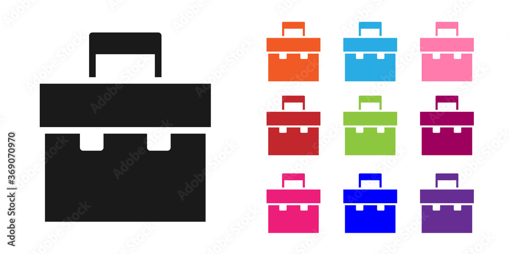 白色背景上隔离的黑色公文包图标。商业案例标志。商业投资组合。设置图标