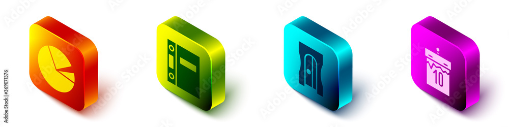 Set Isometric Pie chart infographic, Office folders, Pencil sharpener and Calendar icon. Vector.