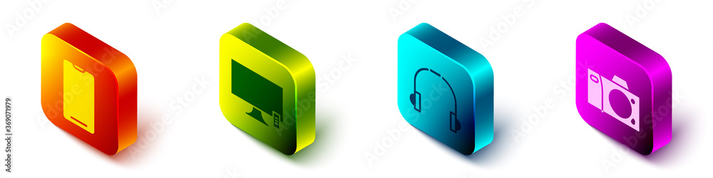 Set Isometric Smartphone, mobile phone, Smart Tv, Headphones and Photo camera icon. Vector.