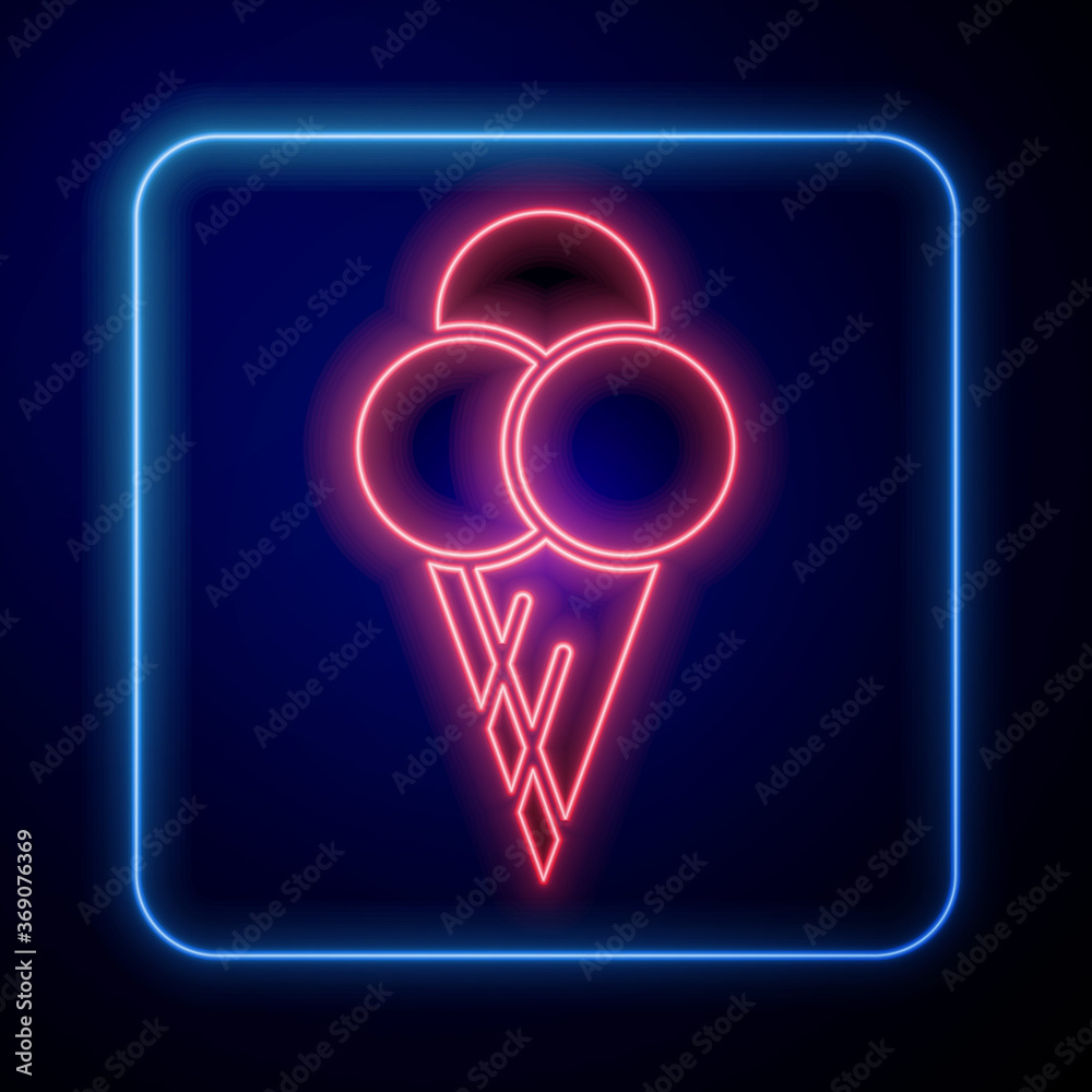 Glowing neon Ice cream in waffle cone icon isolated on blue background. Sweet symbol. Vector Illustr