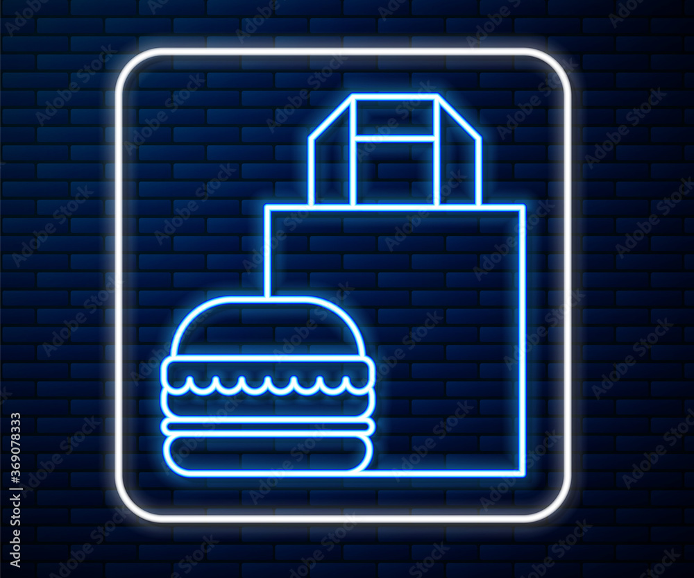 Glowing neon line Online ordering and burger delivery icon isolated on brick wall background. Vector