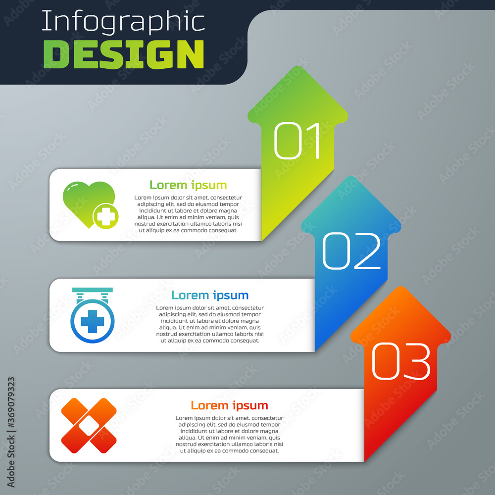 Set Heart with a cross, Hospital signboard and Crossed bandage plaster. Business infographic templat