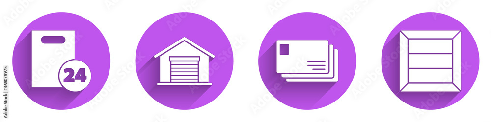 Set Delivery with cardboard boxes, Warehouse, Envelope and Wooden box icon with long shadow. Vector.