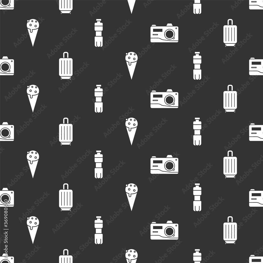 Set Photo camera, Suitcase, Ice cream in waffle cone and Bottle of water on seamless pattern. Vector