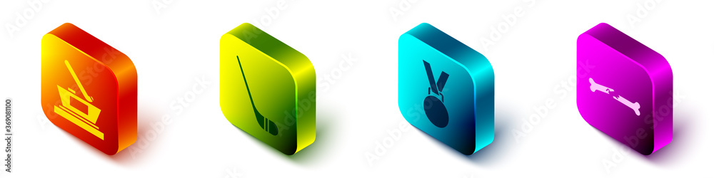 Set Isometric Ice hockey cup Championship，Ice hoke stick，Medal and Human breaked bone icon.Vector（设定