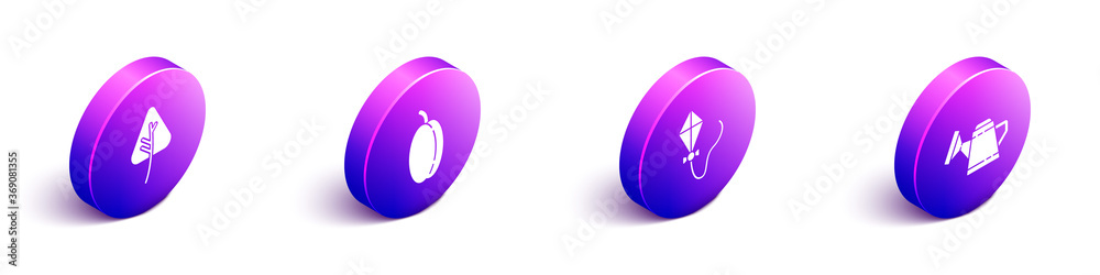 Set Isometric Leaf or leaves, Plum fruit, Kite and Watering can icon. Vector.