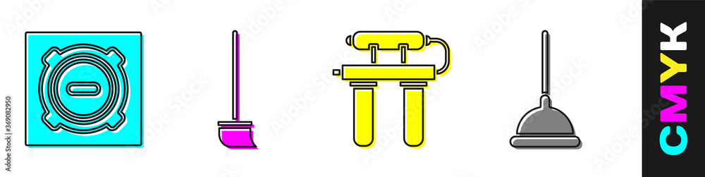 设置下水道井盖、拖把、滤水器和橡胶柱塞图标。矢量。