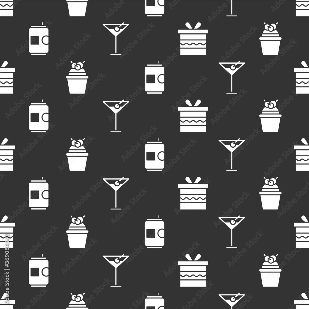 Set Gift box, Cake, Beer can and Martini glass on seamless pattern. Vector.