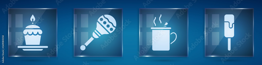 Set Cake with burning candles, Maracas, Mulled wine and Ice cream. Square glass panels. Vector.