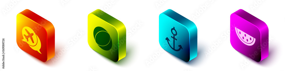 Set Isometric Speech bubble with airplane, Beach ball, Anchor and Watermelon icon. Vector.