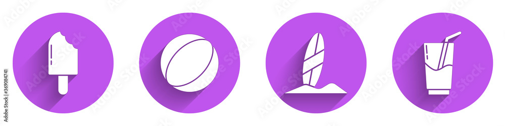 Set Ice cream, Beach ball, Surfboard and Cocktail and alcohol drink icon with long shadow. Vector.