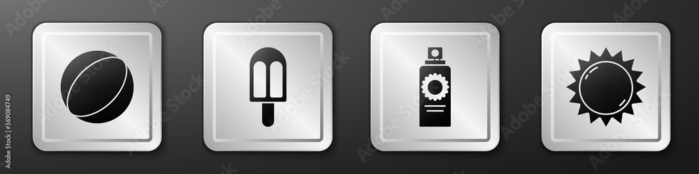 Set Beach ball, Ice cream, Sunscreen spray bottle and Sun icon. Silver square button. Vector.