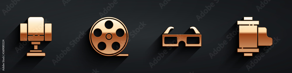 Set Director movie chair, Film reel, 3D cinema glasses and Camera vintage film roll cartridge icon w