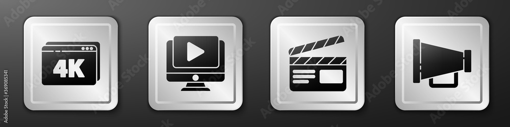 Set Online play video with 4k, Online play video, Movie clapper and Megaphone icon. Silver square bu