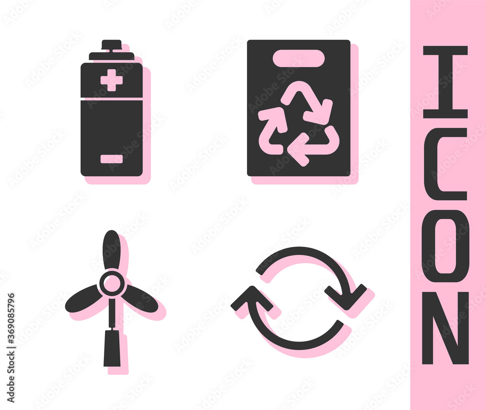 Set Refresh, Battery, Wind turbine and Paper bag with recycle icon. Vector.