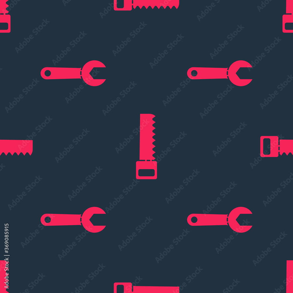 Set Wrench spanner and Hand saw on seamless pattern. Vector.