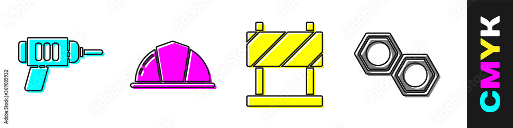 Set Electric drill machine, Worker safety helmet, Road barrier and Hexagonal metal nut icon. Vector.