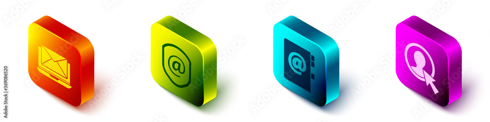 Set Isometric Laptop with envelope, Shield with mail and e-mail, Address book and Create account scr