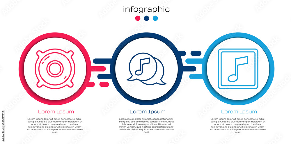 Set line Stereo speaker, Musical note in speech bubble and Music note, tone. Business infographic te