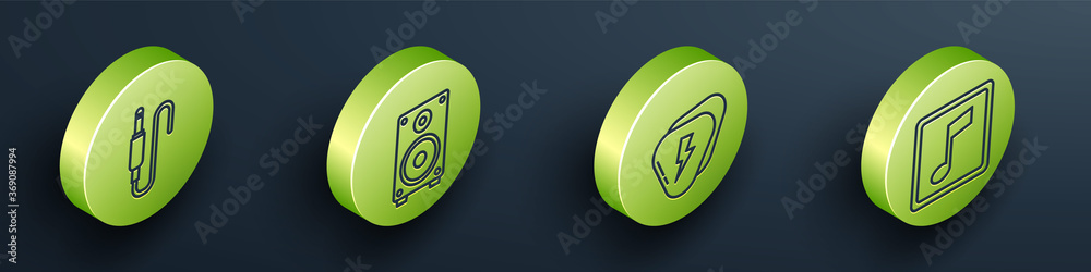 Set Isometric Audio jack, Stereo speaker, Guitar pick and Music note, tone icon. Vector.