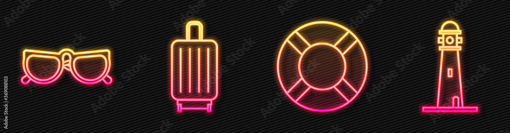 Set line Lifebuoy, Glasses, Suitcase and Lighthouse. Glowing neon icon. Vector.