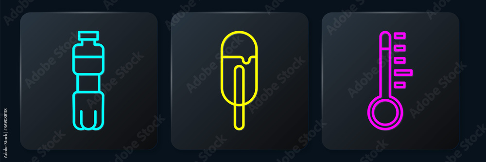 Set line Bottle of water, Meteorology thermometer and Ice cream. Black square button. Vector.