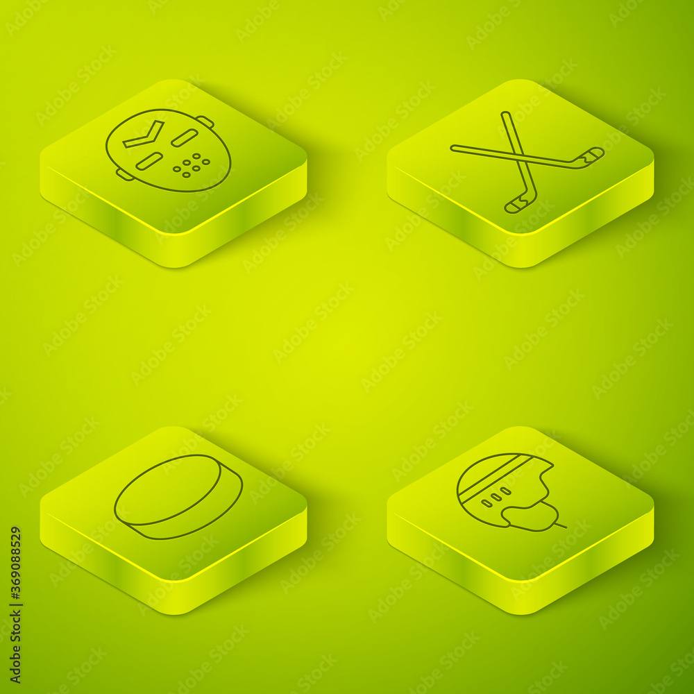 Set Isometric Ice hockey sticks, Hockey puck, Hockey helmet and Hockey mask icon. Vector.