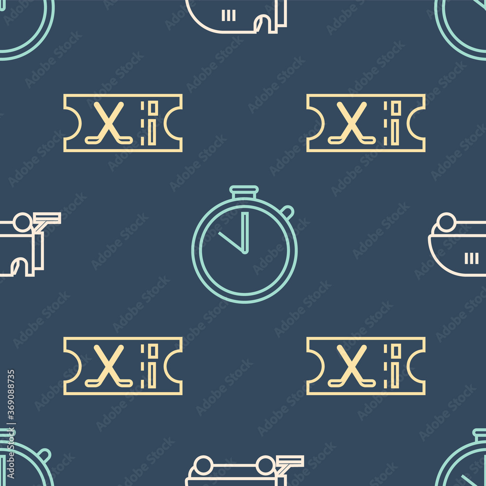 Set line Ice resurfacer, Hockey sports ticket and Stopwatch on seamless pattern. Vector.