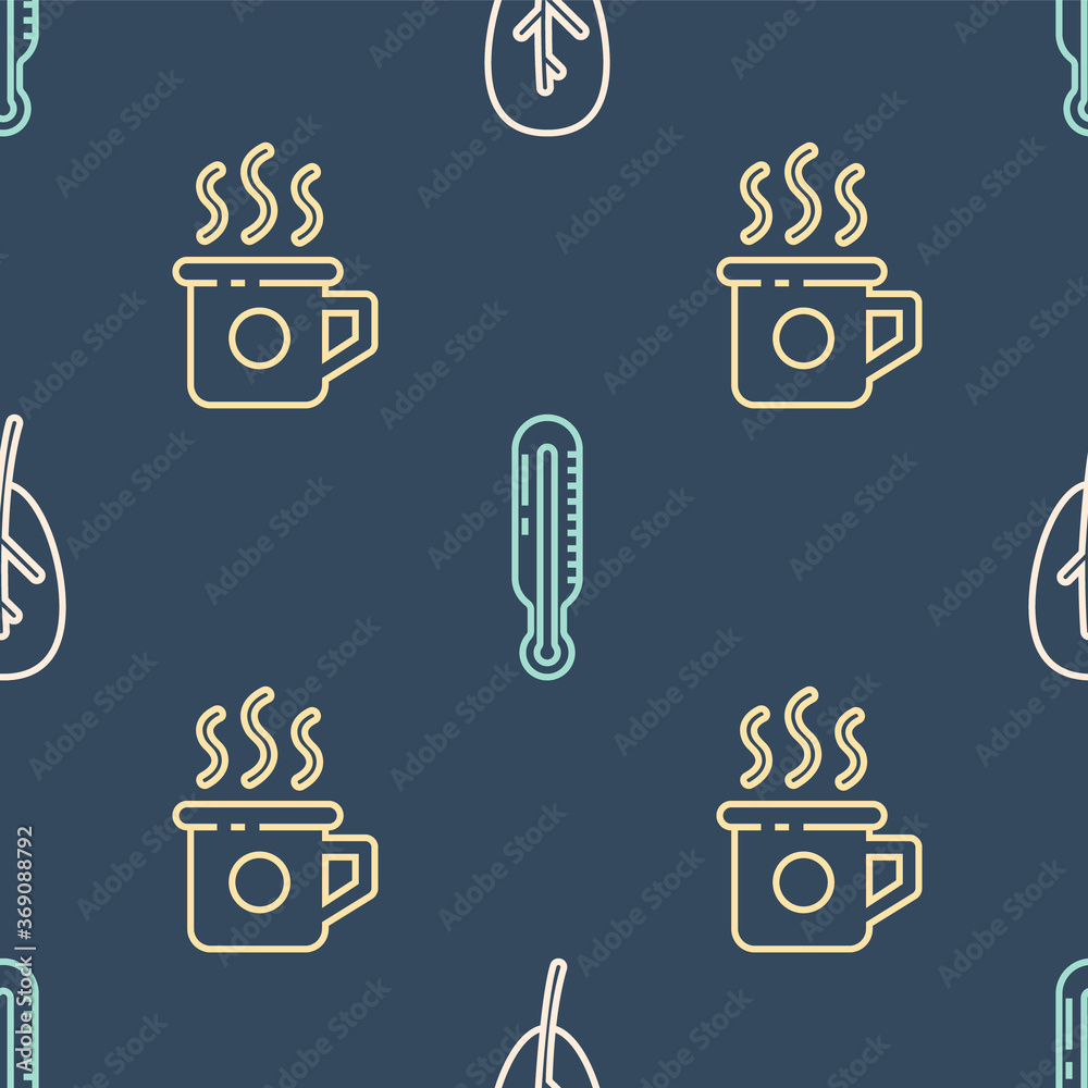 Set line Leaf or leaves, Cup of tea and Meteorology thermometer on seamless pattern. Vector.