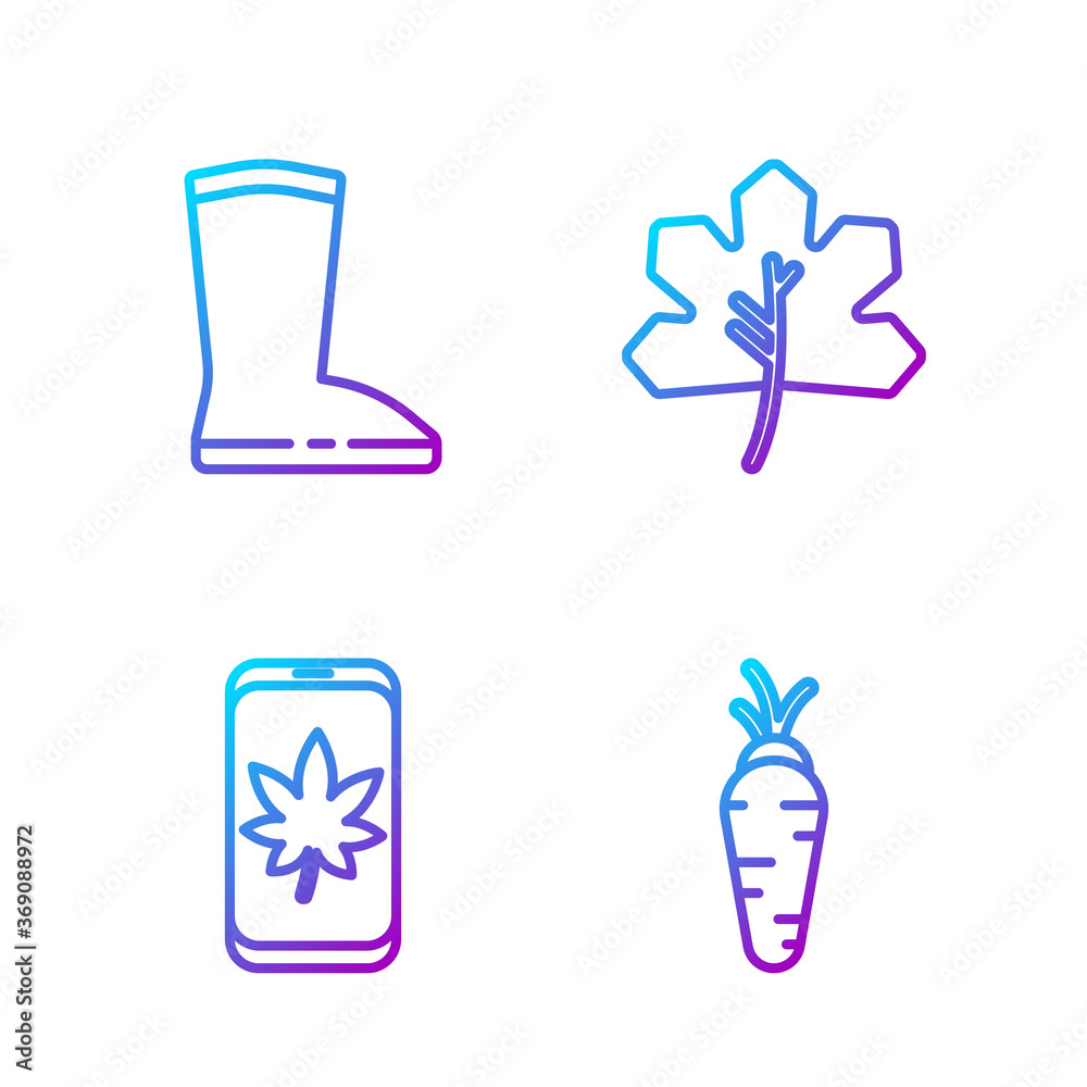 Set line Carrot, Leaf on mobile phone, Waterproof rubber boot and Leaf or leaves. Gradient color ico