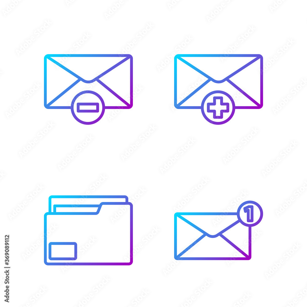 Set line Envelope, Document folder, Delete envelope and Received message concept. Gradient color ico