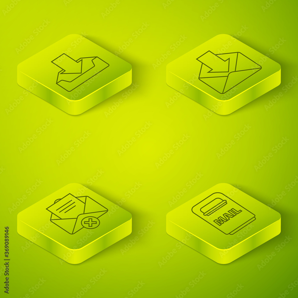 Set Isometric Envelope, Delete envelope, Mail box and Download inbox icon. Vector.