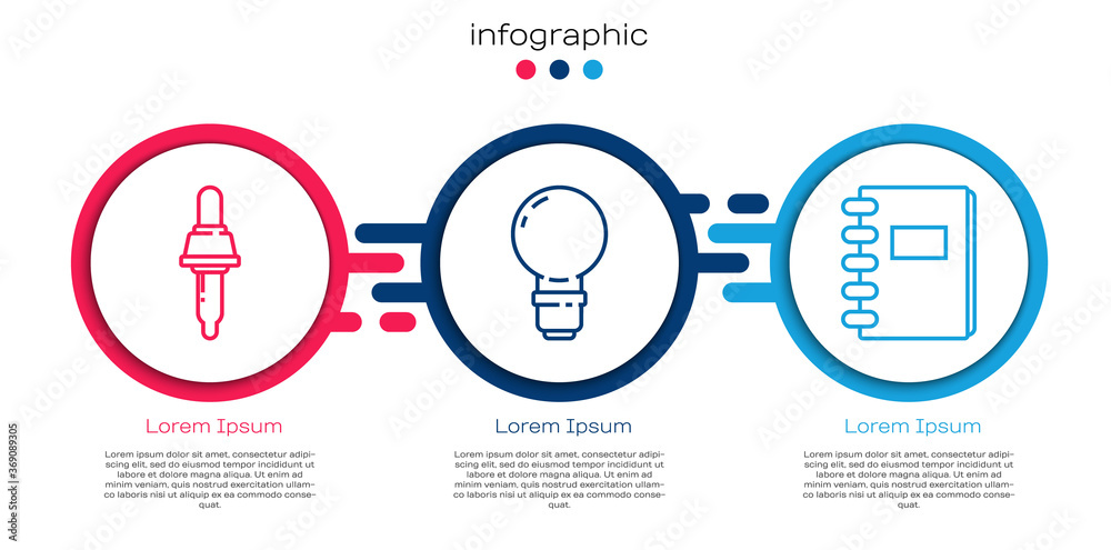 Set line Pipette, Light bulb and Spiral notebook. Business infographic template. Vector.