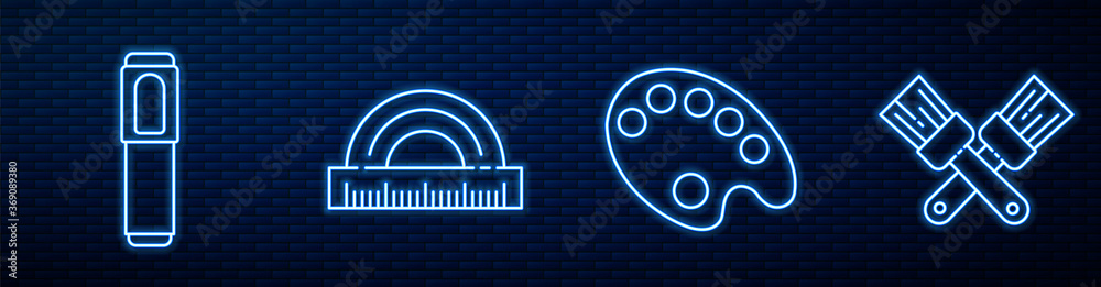 Set line Palette, Marker pen, Protractor, Crossed paint brush and Fountain pen nib. Glowing neon ico