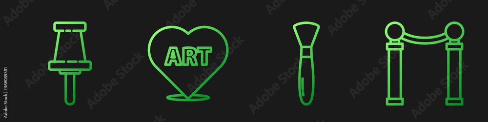 Set line Paint brush, Push pin, Heart with text art and Exhibition of paintings. Gradient color icon