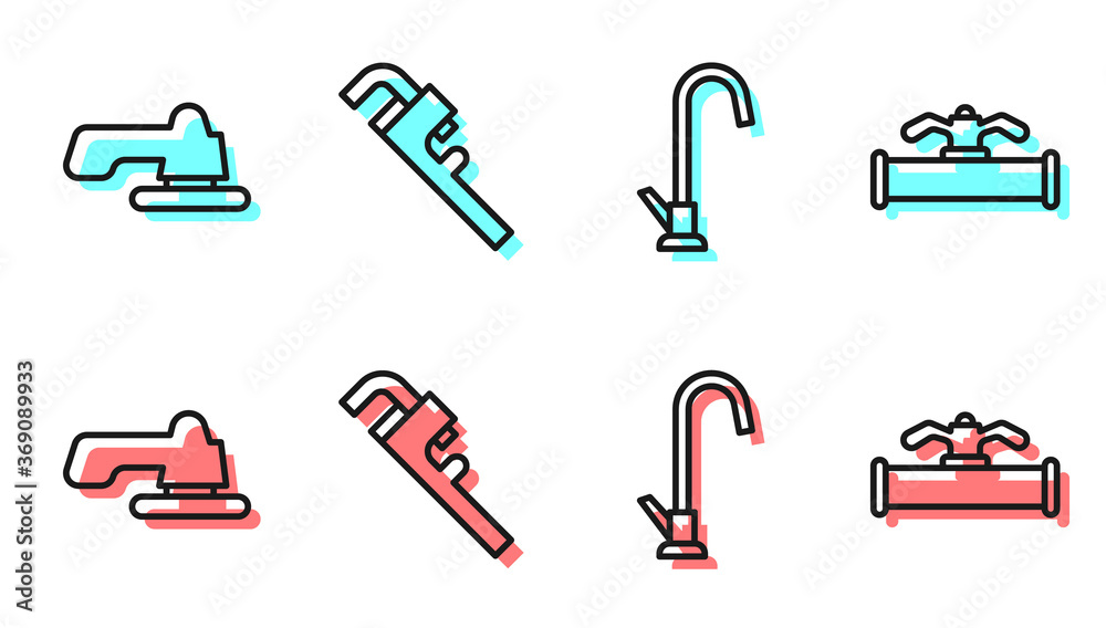 设置线路水龙头、水龙头、管道活动扳手和工业管道和阀门图标。矢量。